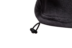 Close-up of dark grey polar fleece hoodie fabric with black drawstring and plastic toggle