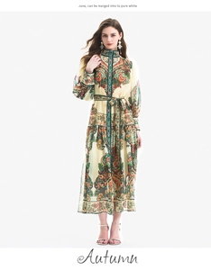 Detail of high neck and front buttons on paisley lantern sleeve floral midi dress