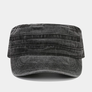 British style vintage washed charcoal flat top cadet hat with adjustable fit for unisex