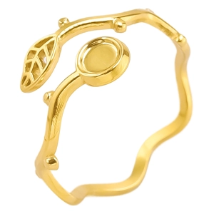 Adjustable golden leaf branch ring in 304 stainless steel with round bezel setting