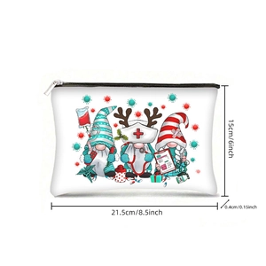 Detail view of medical gnomes print cosmetic bag with size 21.5x15x0.4 cm measurements