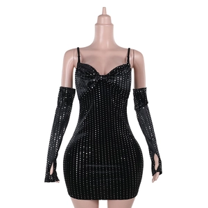 Detail view of black sequined bodycon dress with matching detachable long sleeves