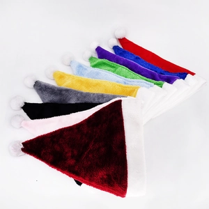Set of eight plush Christmas hats in vibrant colors including pink, green and purple