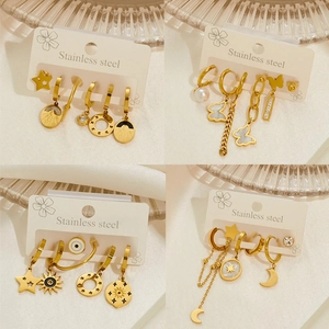 Gold Plated Stainless Steel Earrings For Women Star Moon Butterfly Daisy Heart Shell Faux Artificial Pearl Zircon Studs Hoops Drops