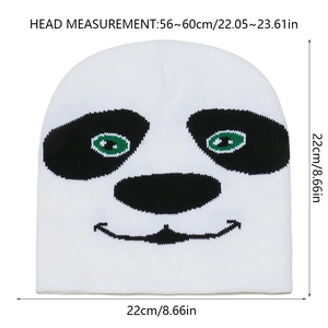 Detailed knit beanie view showing panda pattern and 56-60cm size measurement display