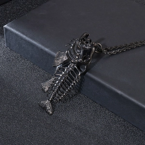 Fashion vintage long fishbone pendant necklace with black twisted chain for sweaters