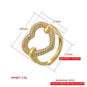 Detailed size specifications for adjustable gold heart ring with micro-pave cubic zirconia