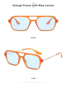 Detail view of orange square sunglasses with double bridge and light blue lenses