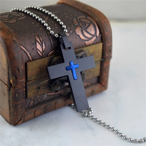 Punk style stainless steel necklace with black and blue cross pendant on silver bead chain