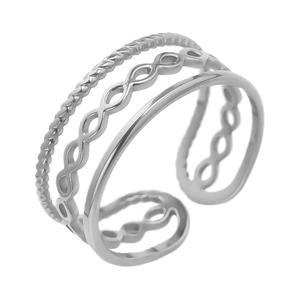 Detail of silver 304 stainless steel triple-layered ring with twist and chain textures