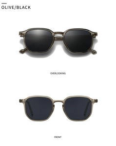 Detail view of olive green translucent sunglasses with black lenses and slim temples