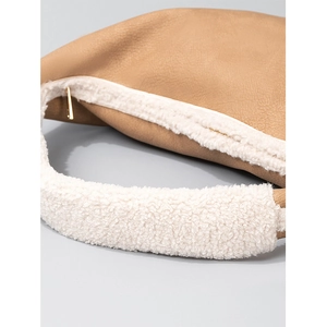 Vintage camel leather shoulder bag with white plush faux fur strap for women's autumn style