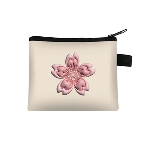 Pink sakura 3D floral coin purse in cream canvas with black zipper closure