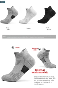 Detail of three pairs of athletic socks in black white and gray with ribbed ankle support