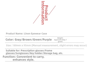 Detailed specifications of linen drawstring pouch for sunglasses showing size and color options
