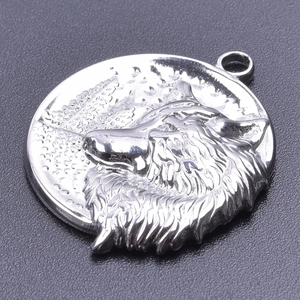 Macro shot of silver stainless steel pendant with detailed wolf head relief carving