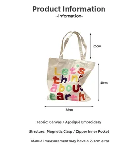 Detail of canvas tote bag showing colorful towel embroidery and interior magnetic buckle