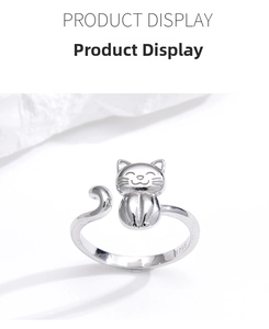 Macro detail of S925 sterling silver ring showing the cute smiling cat face design