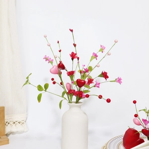 Valentine Heart Picks Artificial Flower Stems With Foam Hearts Polyester Flowers Stone Powder Berries For Home Vase Decor