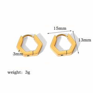Detailed view of 18k gold plated stainless steel hexagonal hoop earrings with size specs