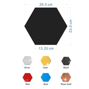 Detail view of hexagonal mirror wall stickers showing size specs and six color options