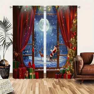 Christmas blackout curtains with 3D digital print of Santa and reindeer over a snowy forest