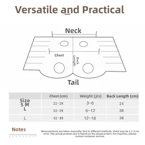 Size chart for pet recovery suit showing chest and back measurements for S, M, L