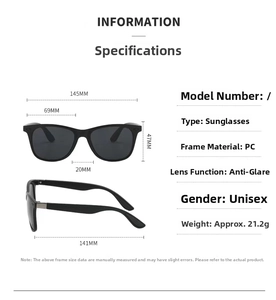 Size chart showing 145mm frame width and 69mm lens width for classic PC sunglasses