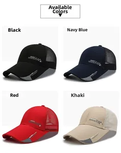Collage aus atmungsaktiven Mesh-Basecaps in Schwarz, Marine, Rot und Khaki