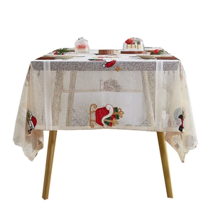 Rectangle Christmas tablecloth with Santa sleigh embroidery on beige lace fabric