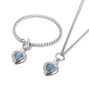 Parure bijoux cœur totem en acier inoxydable avec opale bleue et fermoir OT