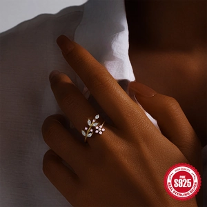 Gold plated 925 sterling silver leaf ring with pink flowers and marquise zirconia stones