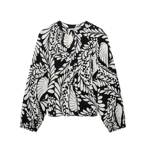 Women's Casual Long Sleeve Blouse Elegant Botanical Leaf Print Ruffle Stand Collar Black White Floral Pattern Fashion Top