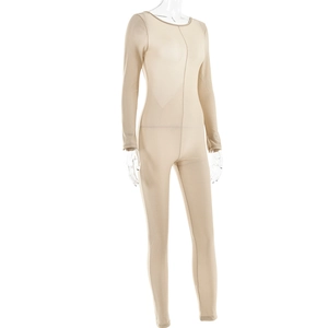 Detail showing back view of long-sleeved beige bodysuit on a professional mannequin