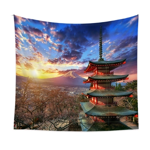 Bohemian tapestry featuring Mount Fuji landscape with red pagoda and cherry blossoms