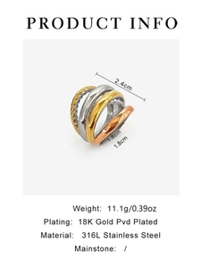 Detailed specs of tricolor intertwined 316L stainless steel ring with 18K PVD plating