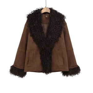Women's brown faux suede jacket with plush black faux fur collar and cuffs decoration