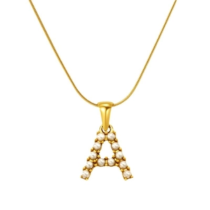 Gold plated stainless steel snake chain necklace with pearl-inlaid letter A pendant