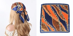 Detail showing chain and leopard print silk scarf styled as a headband and flat lay