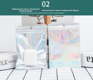 Holographic resealable bag with hanging hole showing waterproof detail and transparency