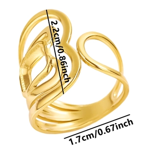Mesure détaillée d'une bague double cœur ajourée dorée montrant la hauteur et largeur
