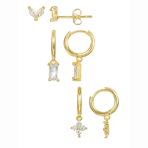 6-piece gold hoop earring set with marquise, rectangle, and floral zircon charms