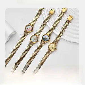 Minimalist vintage gold watches with colorful mother of pearl dials and mesh bands