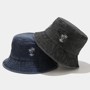 Bob En Coton Lavé Brodé Palmier Rétro Protection Solaire Chapeau De Pêcheur Pour Femmes Et Hommes