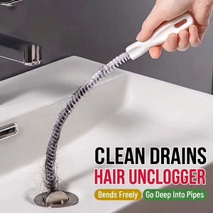 Flexible drain cleaning tool with handle removing hair from bathroom sink pipe