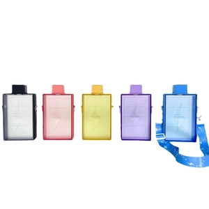 Square rectangular water bottles with lightning bolt motifs and adjustable shoulder straps