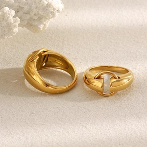 Minimalist 18K gold plated stainless steel geometric rings set on a textured surface