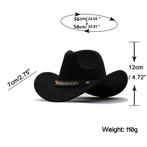 Black wool felt western cowboy hat with woven leather band and size specifications