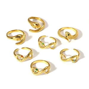 Set of minimalist 18k gold plated stainless steel snake rings with colorful gemstones