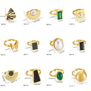 Gold-plated vintage stainless steel rings with geometric designs and pearls